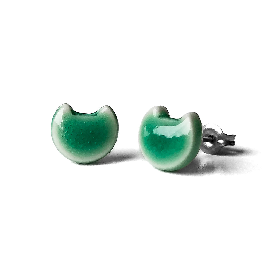 Jade (soft bluish green) Kitten Post Earrings (cat head shape) with titanium posts and backs on a white background