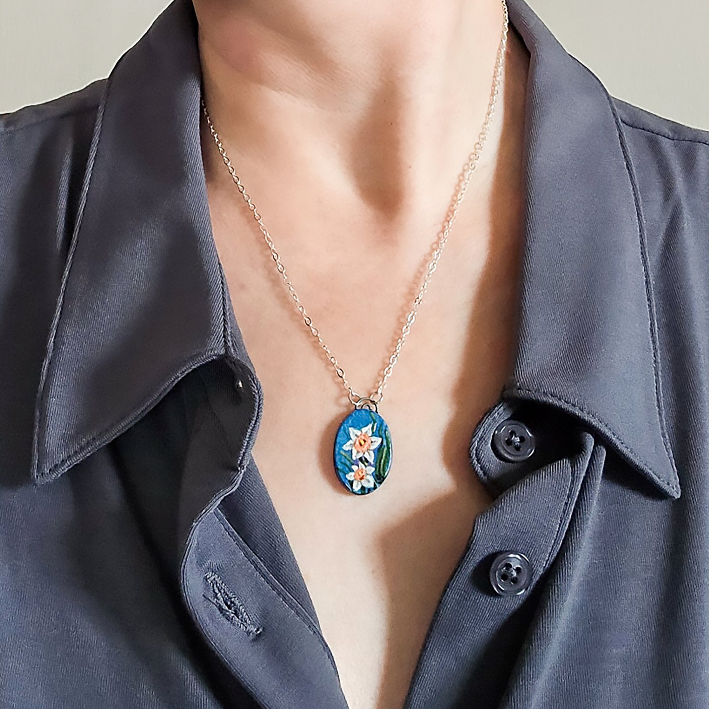 Petite Daffodil Oval Necklace on model.